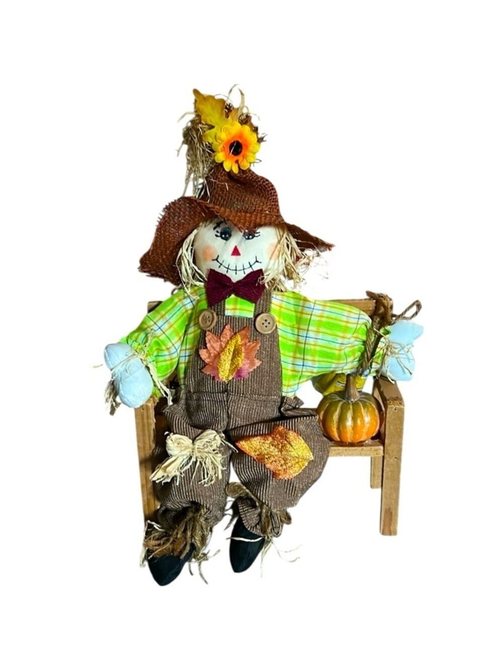 Fall Scarecrow Sitting on a Wooden Bench with a Pumpkin Autumn Scene Fall Decor